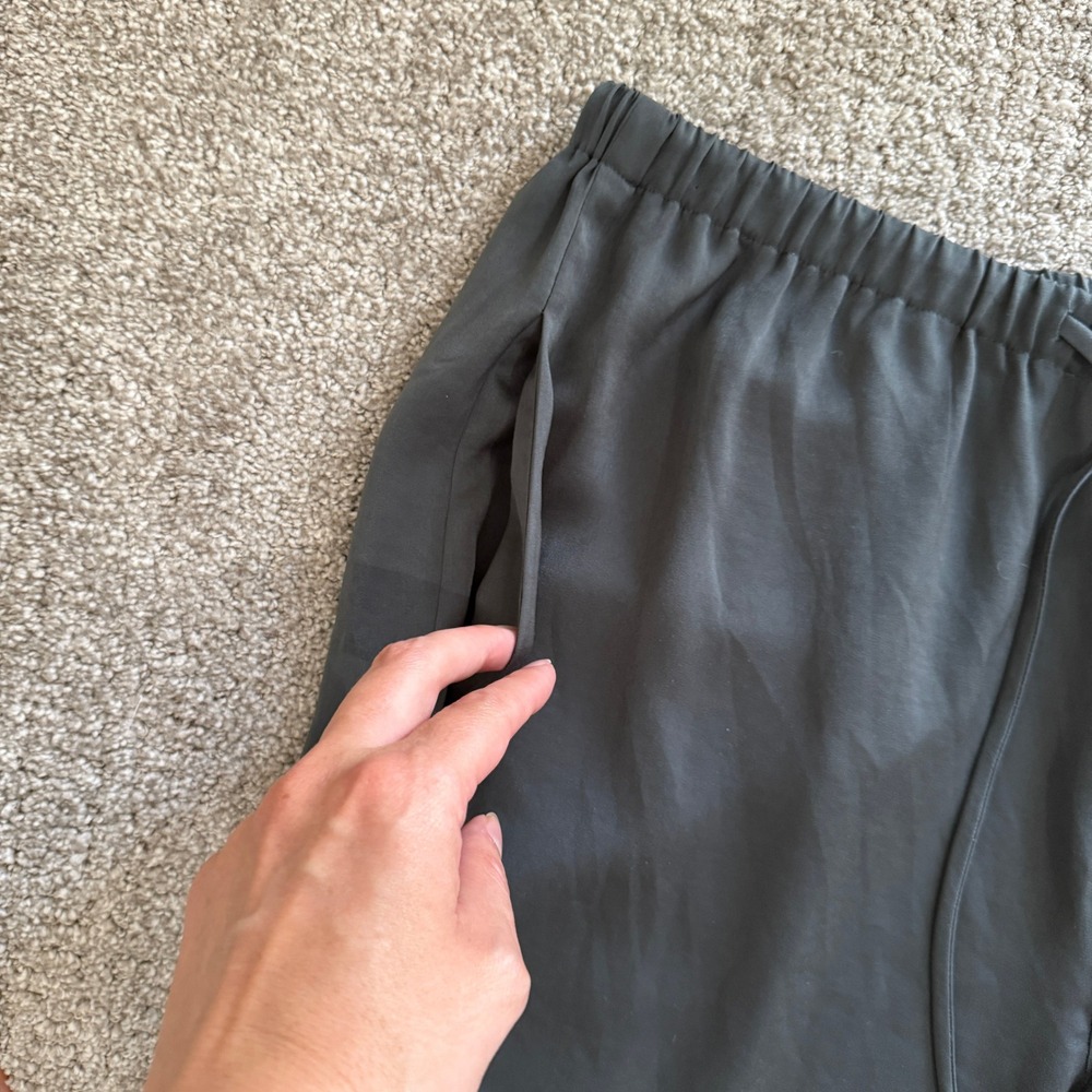 Vince Satin Fluid Bias Cut Wide Leg Drawstring Pants Green Grey XL Minimal - Picture 3 of 12
